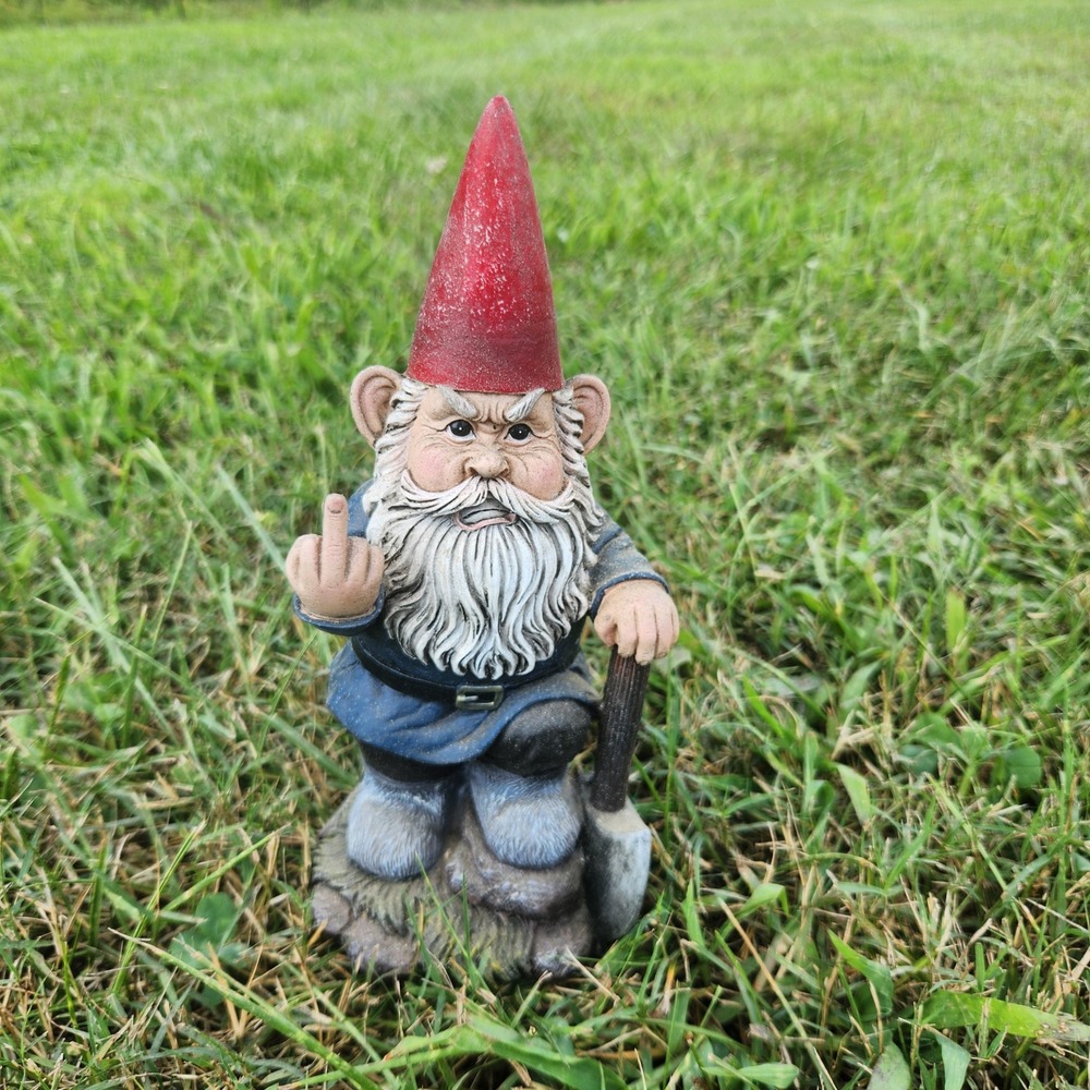 DWK Corp Grumpy Garden Gnome Middle Finger Shovel Statue HH52044 9 Inch Red Blue